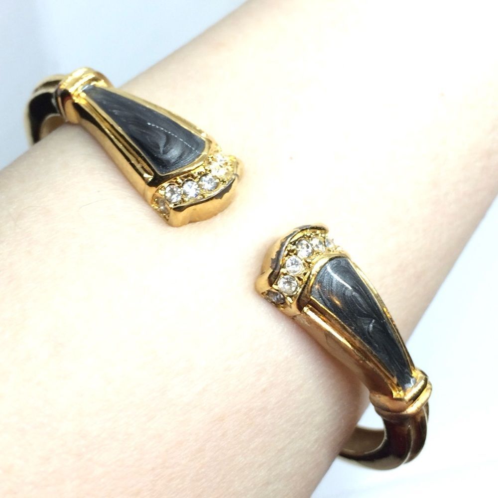 VINTAGE KJL AVON BRACELET Gold Tone Enamel Rhinestone Hinge Clamper